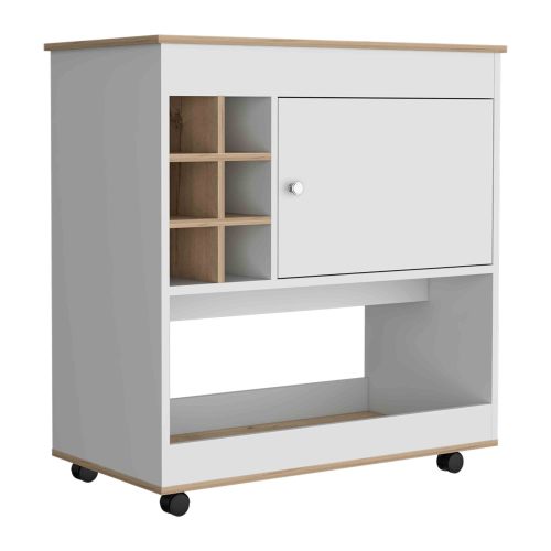 Bar Cart, Six Bottle Cubbies, One Cabinet, Four Casters, Light Oak / White