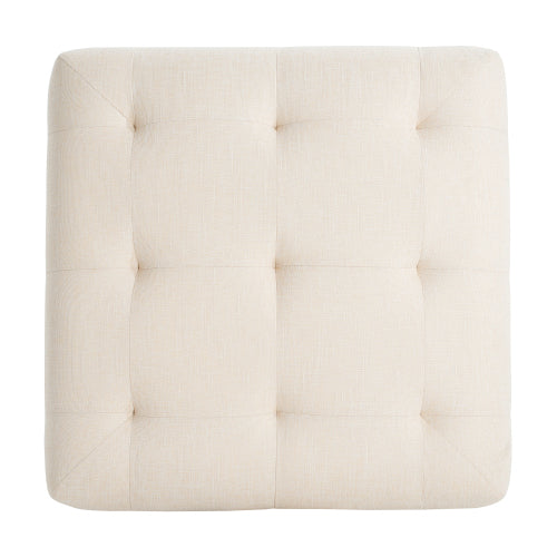 Beige Tufted Square Linen Ottoman, Breathable Fabric Foot Stool with Durable Rubber Wood Legs for Bedroom & Living Room