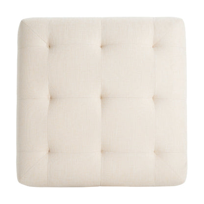 Beige Tufted Square Linen Ottoman, Breathable Fabric Foot Stool with Durable Rubber Wood Legs for Bedroom & Living Room