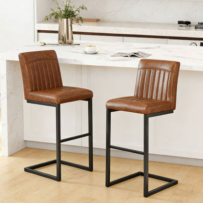 Back Brown Faux Leather Bar Stool ¨C Sturdy Black Metal Frame & Padded Seat, Stylish Seating for Kitchen Island, Home Bar & Dining Counter,2 Sets