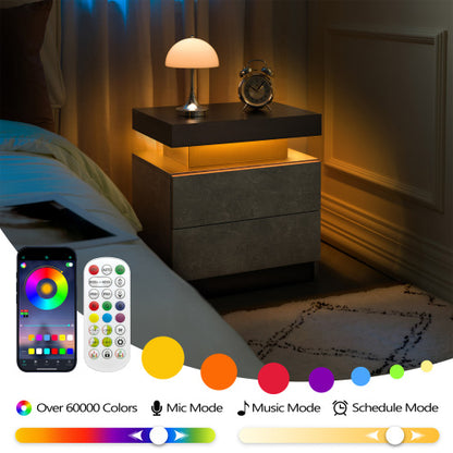 Nightstand LED Bedside Table Cabinet Lights Modern End Side with 2 Drawers for Bedroom (Black+Gray)