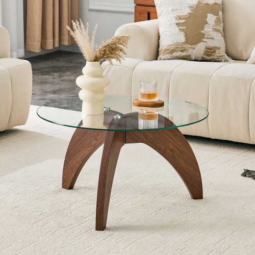 Claw Leg Round Glass Coffee Table Walnut MDF 27.5 Inch Load 300 lbs