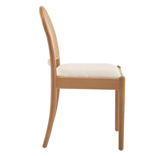 Set of 2 Beige Rattan Back Linen Dining Chairs, Solid Wood Leg Teddy Cushion 275lbs Capacity