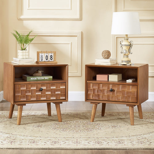 Mid-Century Modern Wood Nightstand with Carved Drawer