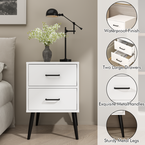 2-Drawer Nightstand with Metal Legs and Metal Handles, Modern White Bedside Table, Small End Table for Bedroom, Living Room or Apartment