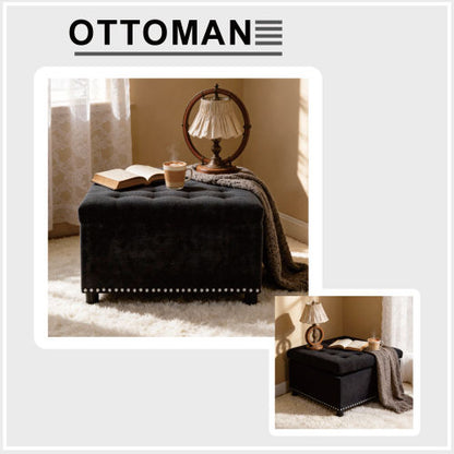 Black Tufted Square Storage Ottoman with Nailhead Trim, Multi-Functional Upholstered Footstool for Living Room & Bedroom