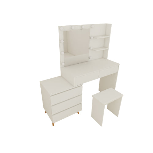 LED Lighted Makeup Vanity Table with Mirror - White Beauty Station with Storage Drawers, Matching Stool, and Organizing Compartments for Makeup Brushes and Cosmetics