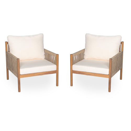 [Set of 2] Modern Outdoor Woven Lounge Chair with Solid Wood Frame and Comfortable Polyester Cushions, Perfect for Patio, Garden, or Balcony