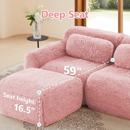 Pink L-Shaped Plush Boneless Sofa with Chaise,32D Sponge,Throw Pillows,No Assembly