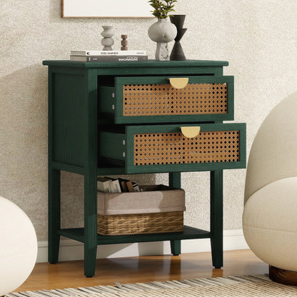 Natural Rattan 2-Drawer Stable End Side Table with Metal Handles