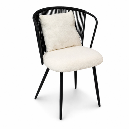 PE Rattan Dining Armchairs with Teddy Cushions and Pillows, Set of 2, Black