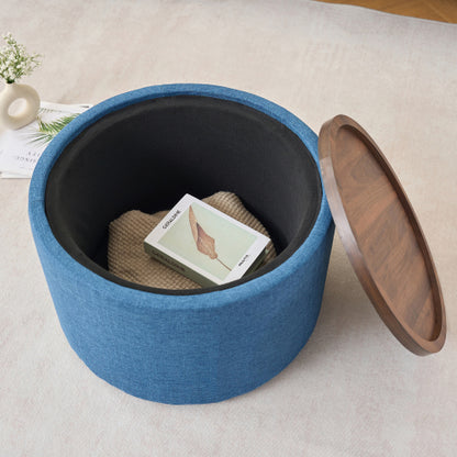 Blue 2-Piece Linen Nesting Storage Ottoman Set, Round Foot Stool with Wood Tray, Fully Assembled 396 LBS