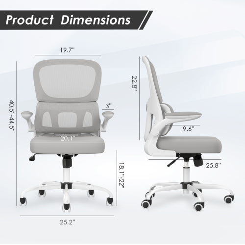 Office Chair, Mesh Ergonomic Office Chair with Lumbar Support, Comfy Computer Desk Chair with Flip Armrest Rolling Wheels for Home Study Room Office, White & Gray