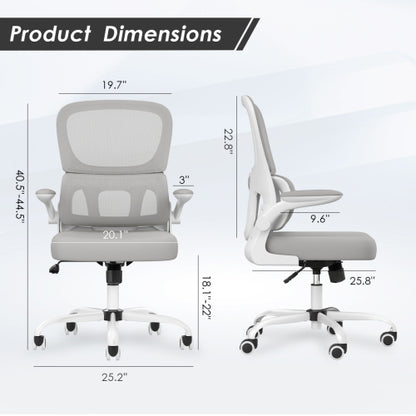 Office Chair, Mesh Ergonomic Office Chair with Lumbar Support, Comfy Computer Desk Chair with Flip Armrest Rolling Wheels for Home Study Room Office, White & Gray