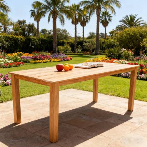 A wooden-textured imitation wood dining table, simple yet with a high quality feel. It has a small tabletop and is perfect for outdoor picnics. It is made of teak wood, measuring 68.9 inches.