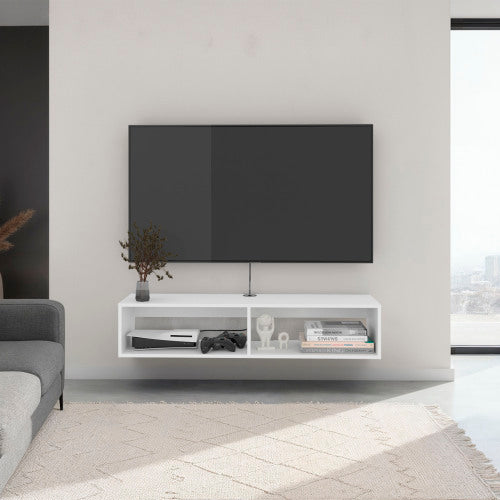White Floating Entertainment Center with Open Storage Shelves