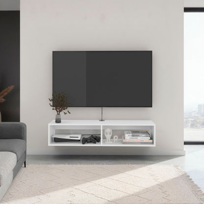 White Floating Entertainment Center with Open Storage Shelves