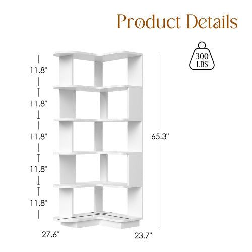 white 5-Tier L-Shaped Corner Bookshelf Freestanding Open Storage Shelf Home Office Space-Saving Display Rack