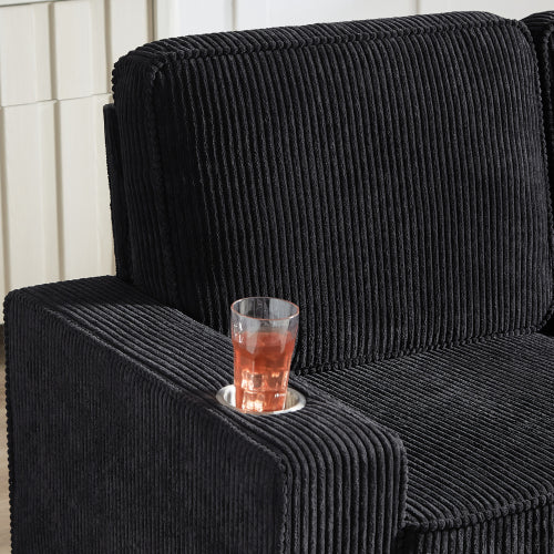 Black 83.86 inch  Corduroy 3Seater Compressed Sofa with Dual CupHolders
