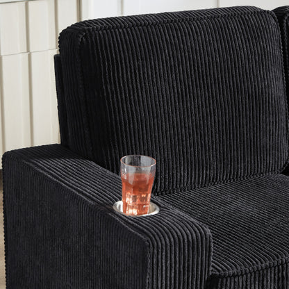Black 83.86 inch  Corduroy 3Seater Compressed Sofa with Dual CupHolders
