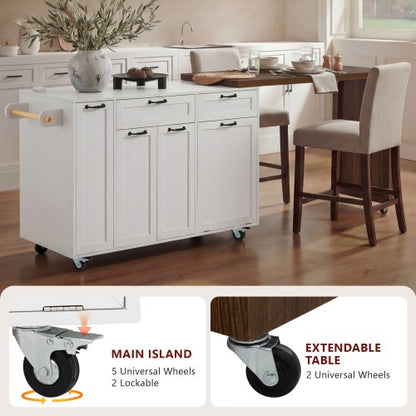 102 Inch Kitchen Island with Extendable Dining Table & Trash Storage White