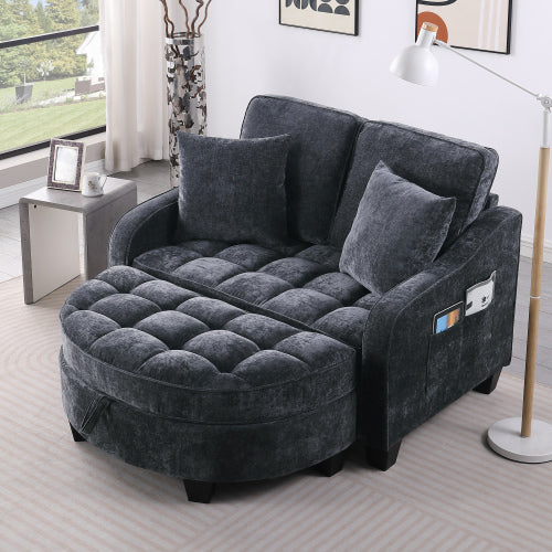 Black 2-Seater Irregular Curved Sofa Chaise, Storage Footrest,2 Throw Pillows
