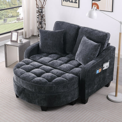 Black 2-Seater Irregular Curved Sofa Chaise, Storage Footrest,2 Throw Pillows