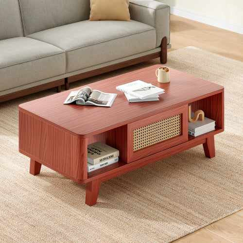 Mid Century Coffee Table Rattan Drawer Solid Wood Leg Storage Table
