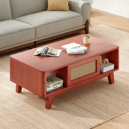 Mid Century Coffee Table Rattan Drawer Solid Wood Leg Storage Table