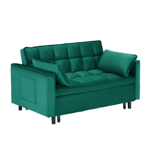 55-Inch Green Velvet 3-in-1 Convertible Sleeper Loveseat Sofa-Bed with Side Pockets for Living-Room Guest-Room