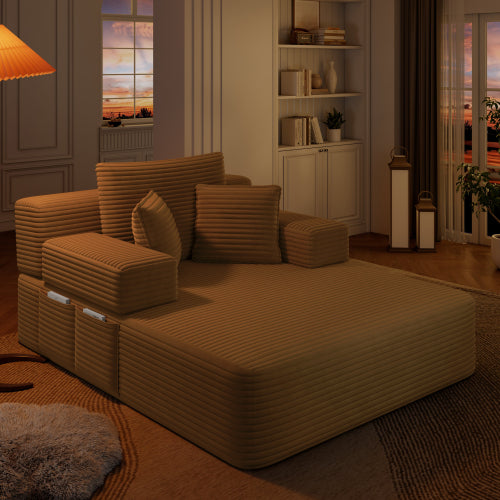 Camel Oversized Plush Corduroy Frameless Convertible Chaise Sofa Bed w/Storage Pockets & 3 Pillows