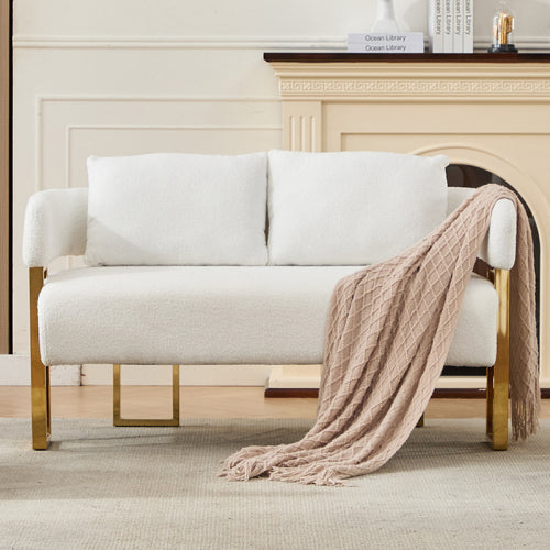White Teddy-Fleece Decorative Side Accent Chair with Polished Gold-Metal Legs for Dressing-Area Reception-Room Office