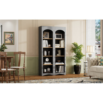72''H Grey Farmhouse 5-Tier Combined Bookshelf Adjustable Shelf Home Pantry Storage Cabinet Set
