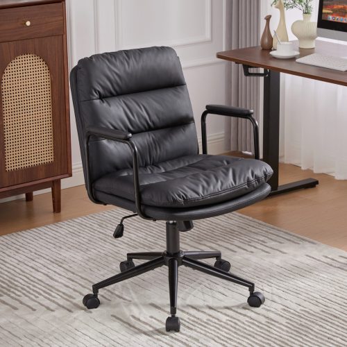 Office Chair,Mid Back Home Office Desk Task Chair with Wheels and Arms Ergonomic PU Leather Computer Rolling Swivel Chair with Padded Armrest,The back of the chair can recline 40¡ã (Black),SW1741BK