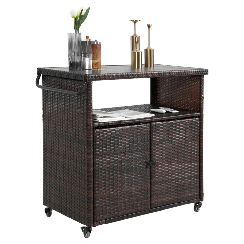 Outdoor Wicker Bar Cart, Patio Wine Serving Cart w/Wheels , Rolling Rattan Beverage Bar Counter Table plastic wood Top for Porch Backyard Garden Poolside Party, Light brown