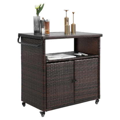 Outdoor Wicker Bar Cart, Patio Wine Serving Cart w/Wheels , Rolling Rattan Beverage Bar Counter Table plastic wood Top for Porch Backyard Garden Poolside Party, Light brown