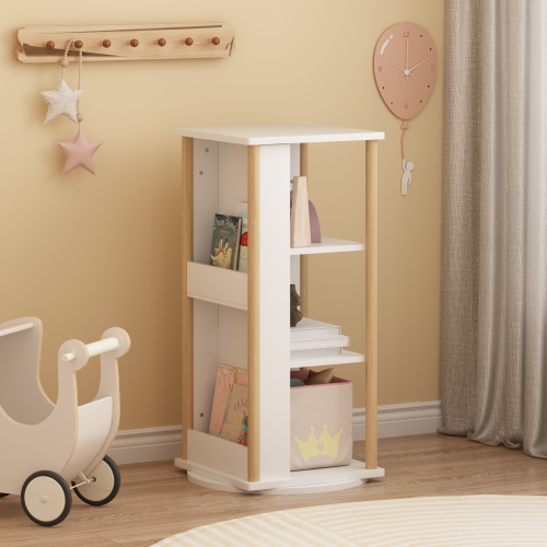 White & Natural 3-Tier 360¡ã Rotating Kids Bookshelf with Chalkboard, Toddler Toy Storage Rack 15.75¡Á15.75¡Á34.84 Inch