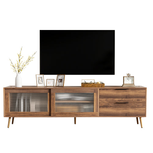 70.8 Inch Walnut Mid-Century TV Stand Tempered Glass Sliding Door Media Console for 75 inch+ TV