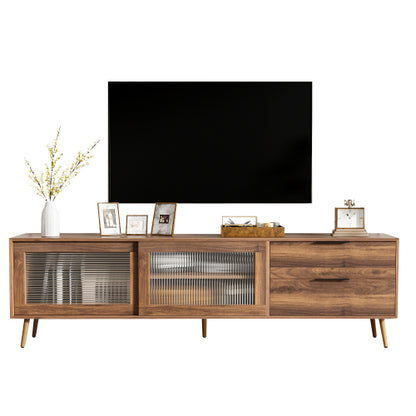 70.8 Inch Walnut Mid-Century TV Stand Tempered Glass Sliding Door Media Console for 75 inch+ TV