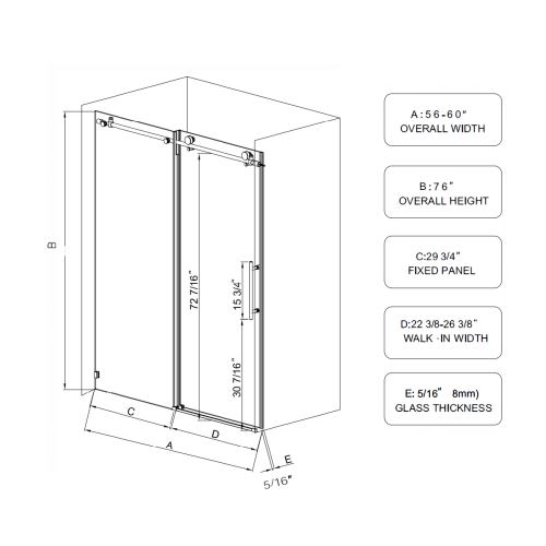 6-60"W x 76"H Frameless Shower Door, Sliding Shower Door, with Premium 5/16"(8mm)Thick Tempered Glass Shower Enclosure ,Chrome Matte Black With Buffer