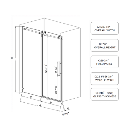 6-60"W x 76"H Frameless Shower Door, Sliding Shower Door, with Premium 5/16"(8mm)Thick Tempered Glass Shower Enclosure ,Chrome Matte Black With Buffer