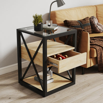 1 piece Modern End Table with Drawer - Nightstand for Bedroom & Living Room, Natural Wood MDF & Tempered Glass Top, Industrial Style Side Table
