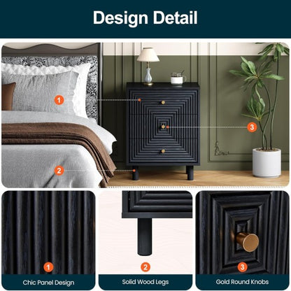 18.7inch Black Modern Nightstand, 3 Geometric Drawers with Gold Knobs & Solid Wood Legs