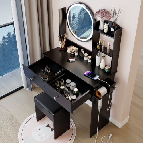 17inch  Round LED Mirror Vanity Table+Cushioned Stool, Equipped With 2 AC+2 USB Power Socket, Big Mirror, Touch Switch, 3 Colors, Adjustable Brightness, Large Desktop, Multi-layer High Capacity Storage