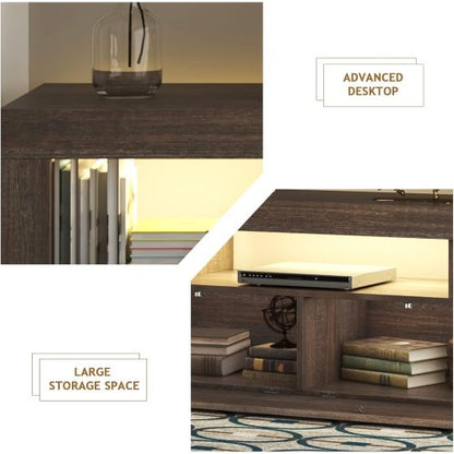 Farmhouse Brown LED TV Stand, Glossy Entertainment Center with Drawers for Up to 75 Inch TV