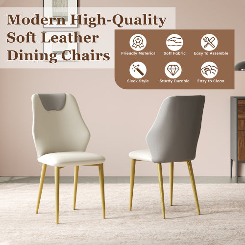 Set of 2 Miller White & Gray PU Dining Chairs, Gold-Plated Carbon Steel Leg 330lbs Weight Capacity