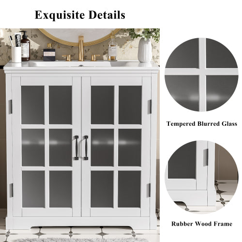 30" Modern Bathroom Vanity with Ceramic Sink, Bathroom Vanity Cabinet with Tempered Blurred Glass and Matte Black Handles, Equipped with Large Storage Space and Rubber Wood Frame, White