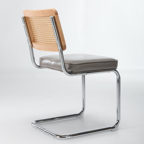 Set of 2 Mid-Century Cane Rattan Dining Chairs, Solid Wood Frame, Olive Faux Leather Seat, Cantilever Chrome Metal Base