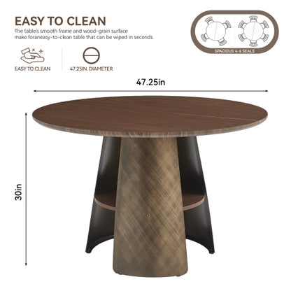 Retro Round Dining Table with Storage Layer, Walnut