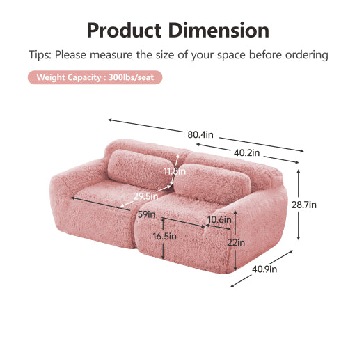 Pink 2-Seater Plush Modular Sofa,32D Sponge,Throw Pillows,No Assembly,Anti-Slip Base